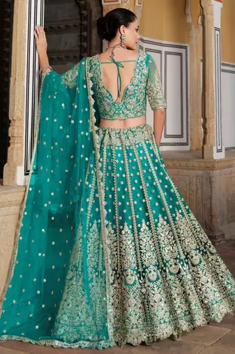 teal green sequins net wedding lehenga set choli with dupatta with dupatta