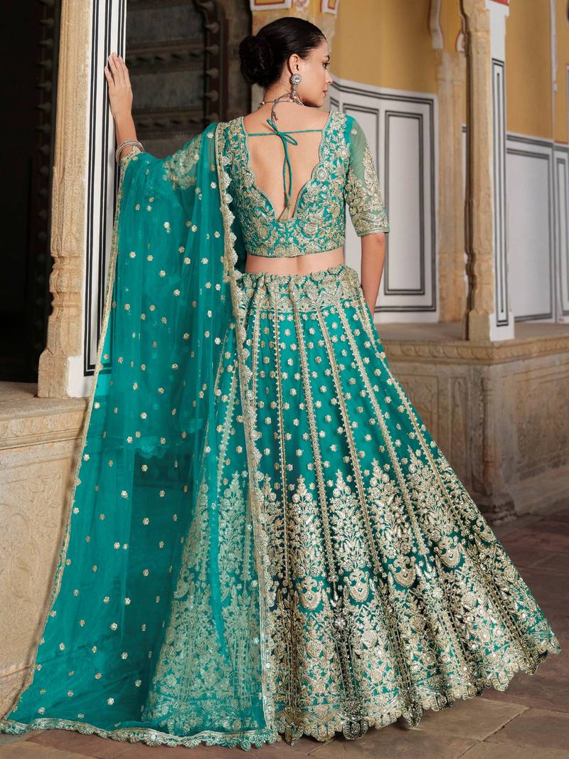 teal green sequins net wedding lehenga set choli with dupatta with dupatta