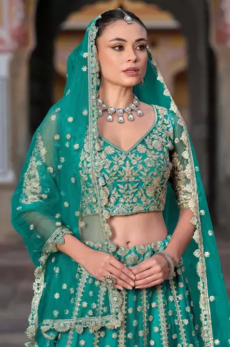 teal green sequins net wedding lehenga set choli with dupatta with dupatta