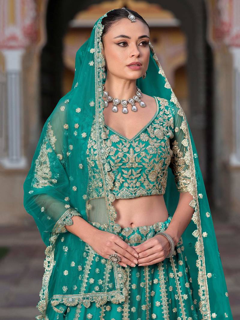 teal green sequins net wedding lehenga set choli with dupatta with dupatta