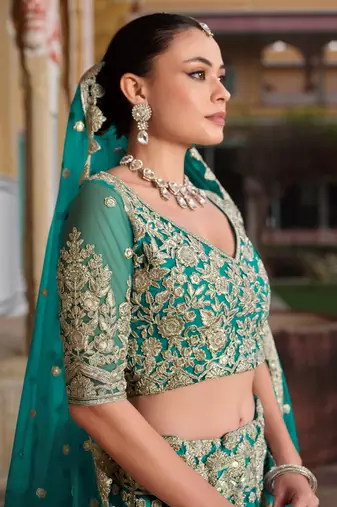 teal green sequins net wedding lehenga set choli with dupatta with dupatta