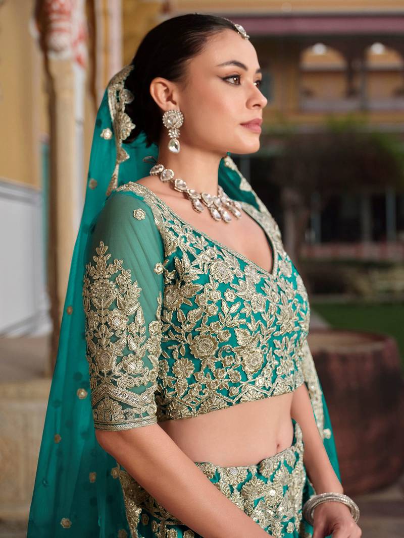 teal green sequins net wedding lehenga set choli with dupatta with dupatta