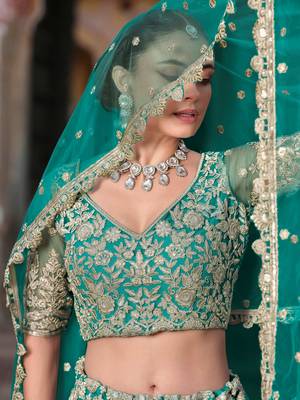 teal green sequins net wedding lehenga set choli with dupatta with dupatta 6