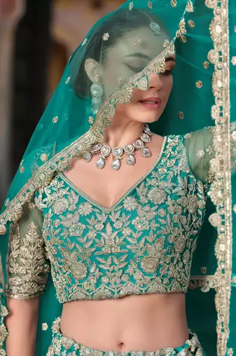 teal green sequins net wedding lehenga set choli with dupatta with dupatta