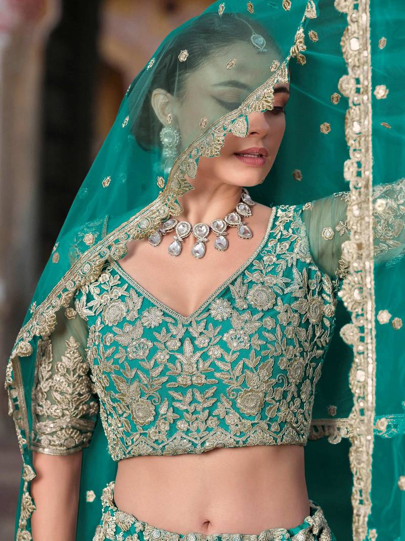 teal green sequins net wedding lehenga set choli with dupatta with dupatta