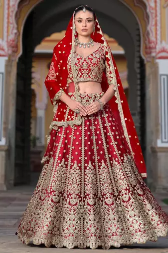 red zari work net bridal lehenga set choli with dupatta with dupatta