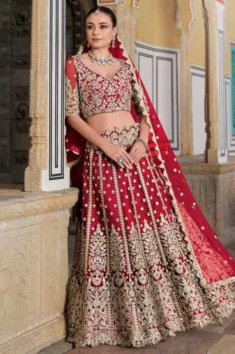 red zari work net bridal lehenga set choli with dupatta with dupatta