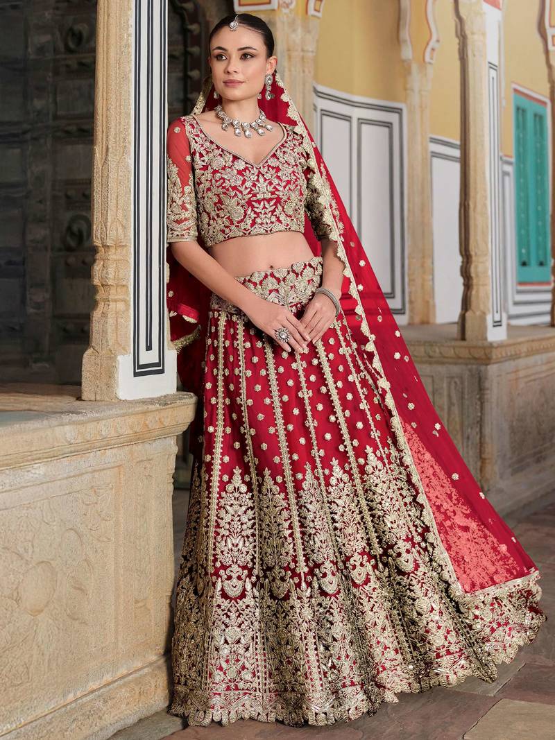 red zari work net bridal lehenga set choli with dupatta with dupatta