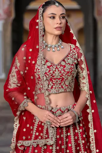 red zari work net bridal lehenga set choli with dupatta with dupatta