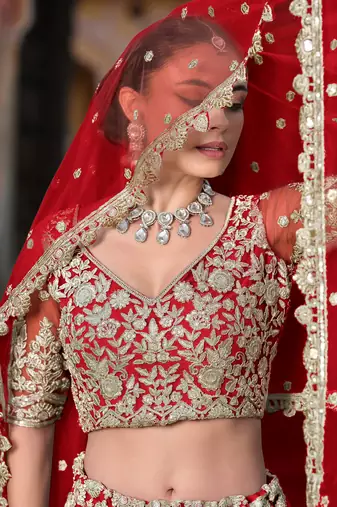 red zari work net bridal lehenga set choli with dupatta with dupatta