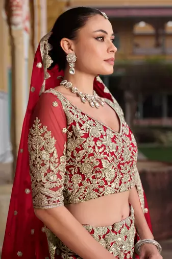 red zari work net bridal lehenga set choli with dupatta with dupatta