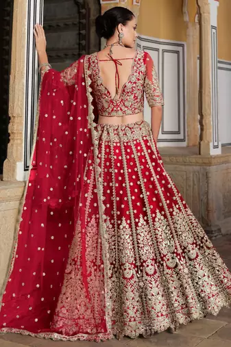 red zari work net bridal lehenga set choli with dupatta with dupatta