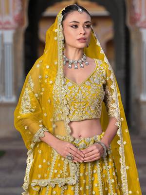  yellow sequins net lehenga set choli with dupatta with dupatta 3