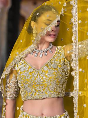  yellow sequins net lehenga set choli with dupatta with dupatta 4