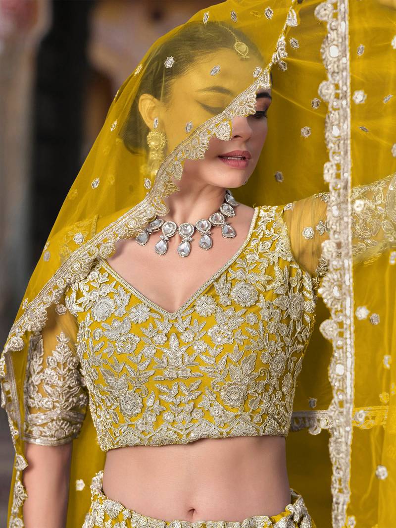  yellow sequins net lehenga set choli with dupatta with dupatta