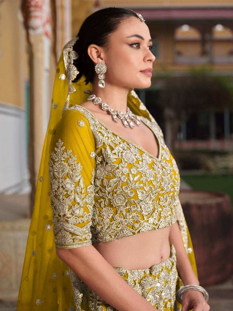  yellow sequins net lehenga set choli with dupatta with dupatta