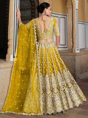  yellow sequins net lehenga set choli with dupatta with dupatta 6