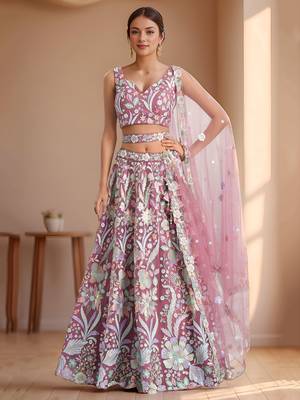 pink sequins net lehenga set choli with dupatta with dupatta 1