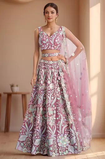 pink sequins net lehenga set choli with dupatta with dupatta