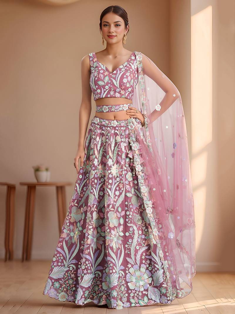 pink sequins net lehenga set choli with dupatta with dupatta