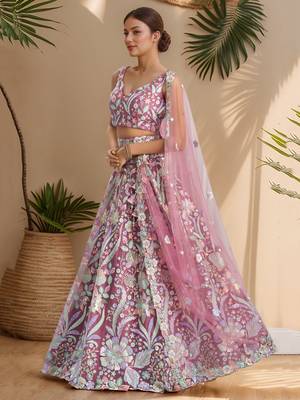 pink sequins net lehenga set choli with dupatta with dupatta 3