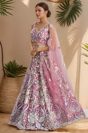pink sequins net lehenga set choli with dupatta with dupatta