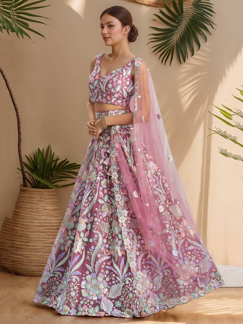 pink sequins net lehenga set choli with dupatta with dupatta
