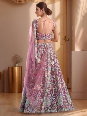 pink sequins net lehenga set choli with dupatta with dupatta 5