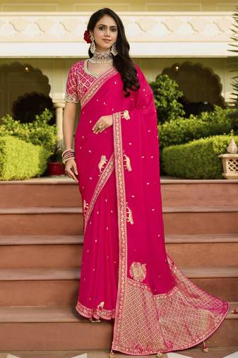 rani_pink bright pink saree with embroidered blouse