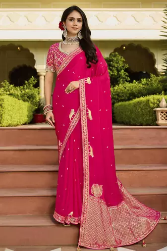 rani_pink bright pink saree with embroidered blouse