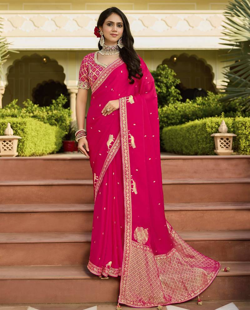 rani_pink bright pink saree with embroidered blouse