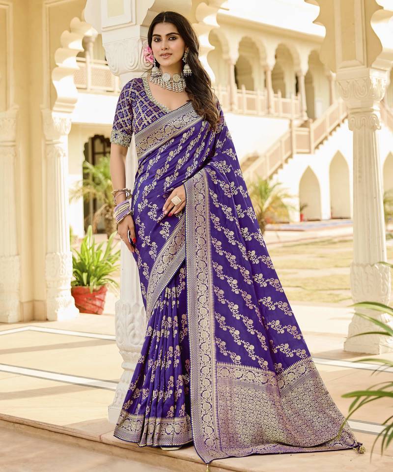 Voilet festive wear jade Voilet saree with golden detailing