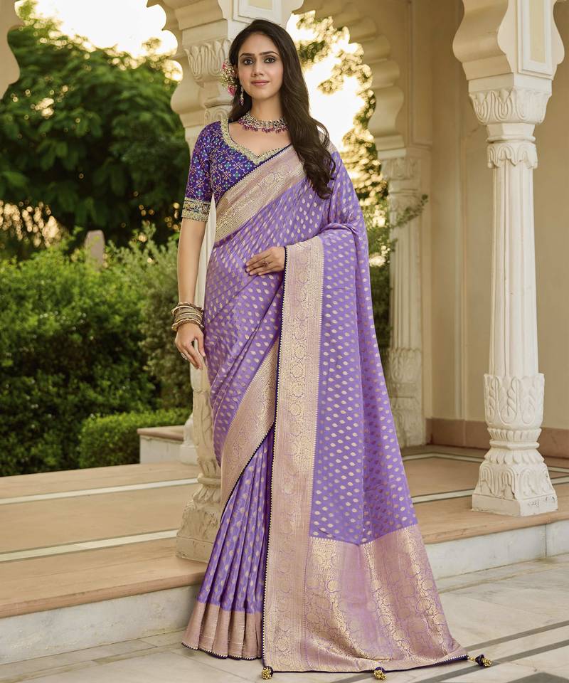 purple purple viscose saree with embroidered blouse