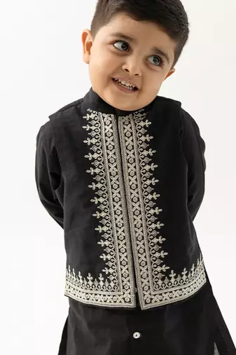Black embroidered cotton nehru jacket
