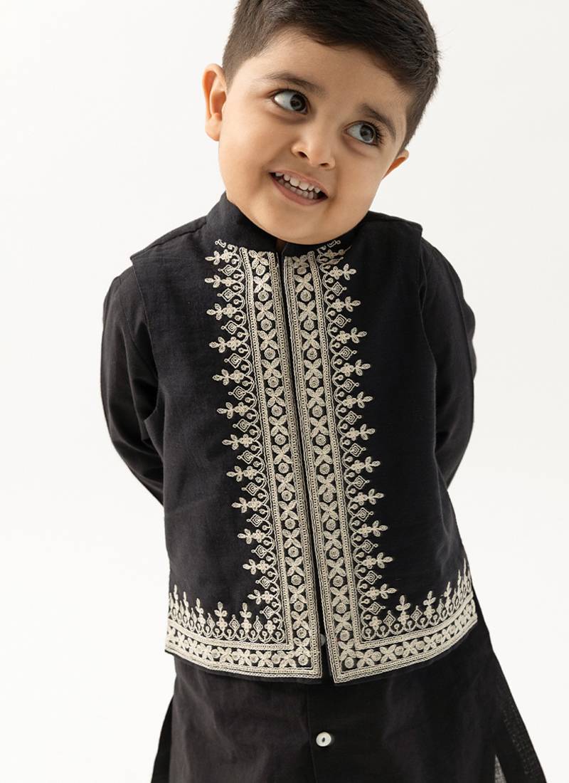 Black embroidered cotton nehru jacket