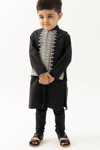 Black embroidered cotton nehru jacket