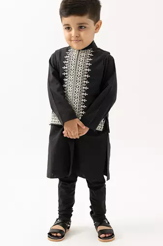 Black embroidered cotton nehru jacket