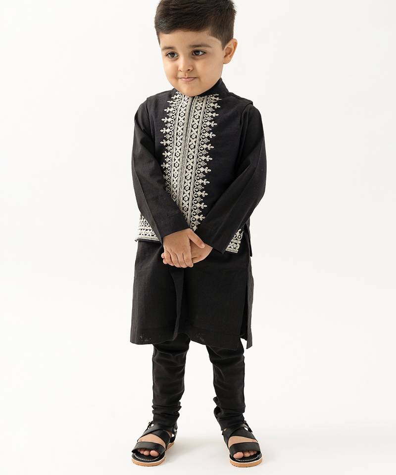 Black embroidered cotton nehru jacket