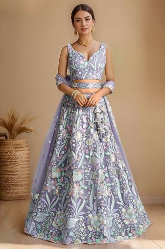 lavender embroidered net lehenga set choli with dupatta with dupatta