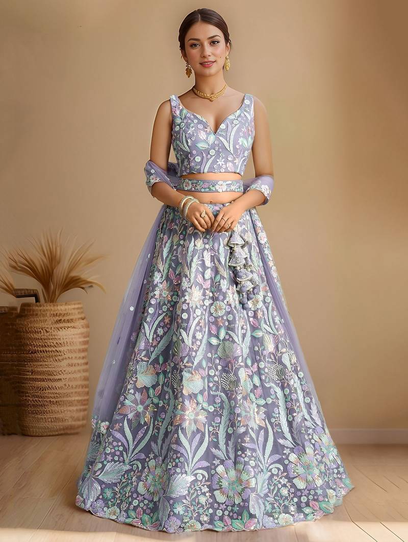  lavender embroidered net lehenga set choli with dupatta with dupatta