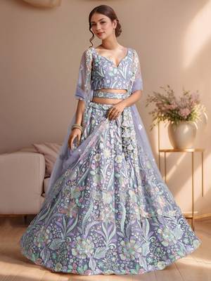  lavender embroidered net lehenga set choli with dupatta with dupatta 2
