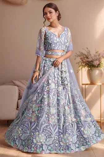  lavender embroidered net lehenga set choli with dupatta with dupatta