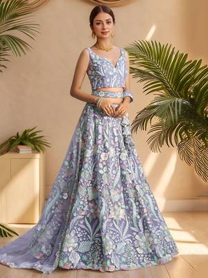  lavender embroidered net lehenga set choli with dupatta with dupatta 3