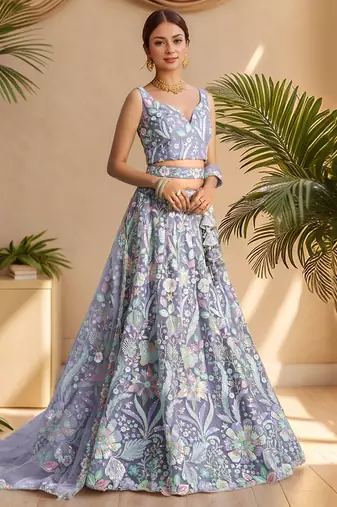  lavender embroidered net lehenga set choli with dupatta with dupatta