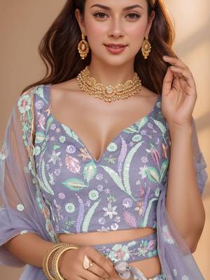 lavender embroidered net lehenga set choli with dupatta with dupatta 4