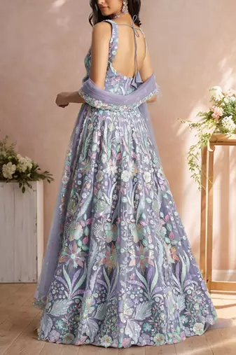 lavender embroidered net lehenga set choli with dupatta with dupatta