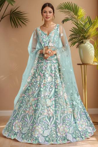 sky blue sequins net lehenga set choli with dupatta