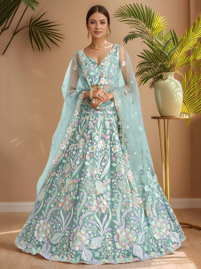 sky blue sequins net lehenga set choli with dupatta