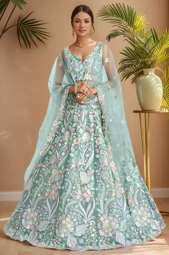 Dazzling Sky-Blue Sequins Net Engagement Wear Lehenga Choli