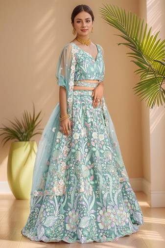 sky blue sequins net lehenga set choli with dupatta